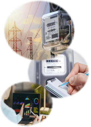 Three image bubbles with different types of gas and electricity meters.