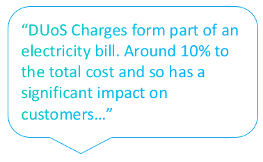 Text bubble with DUoS charges form part of your electricity bill. Around 10% to the total cost so has a significant impact on consumers