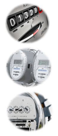 Three different electricity meters in a row. Digital, duel and dial meters