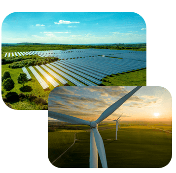 Image bubbles with renewable energy sources. One with green fields and solar panels and the other with a large wind turbine within a landscape