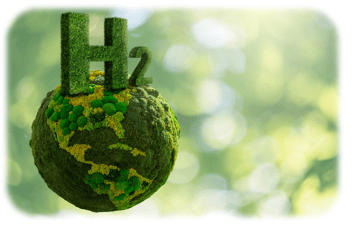 Grass hydrogen symbol balance on top of a green grass globe with soft focus background