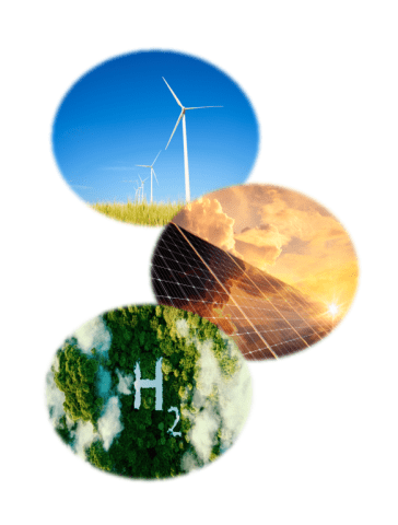 Collection of renewable energy images in bubbles. Solar, wind and a green H20