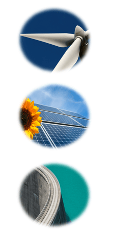 A Wind turbine, a solar panel with a bright sun flower and a dam