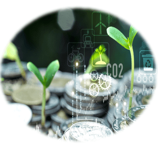 Coins, with green shoots and renewable energy images