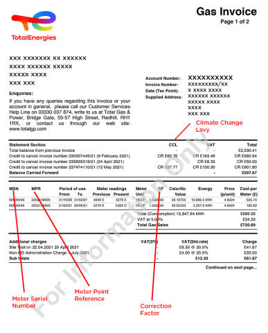 An image of a sample of TotalEnergies's gas invoice