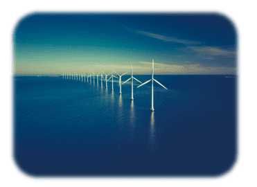 Offshore wind turbines in a bright blue sea